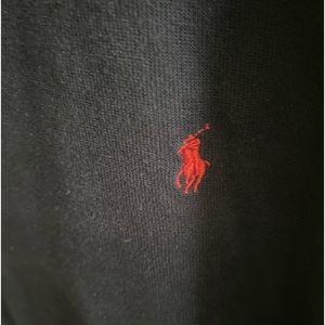 Ralph Lauren 4XLT pullover sweater, navy w/red horse w/ brown leather zipper.